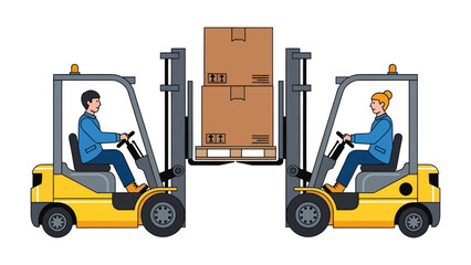 Forklift Operations: Two forklifts, operated by professionals, meticulously move stacked boxes on a pallet, illustrating efficient logistics and warehouse operations. © Abu
