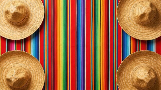 Traditional Mexican pattern with bright colorful stripes and sombreros for Cinco de Mayo.