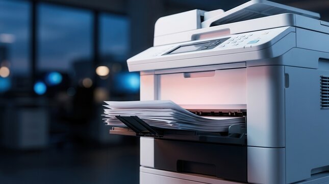 Close-up of a modern office printer processing a stack of paper in a business environment.