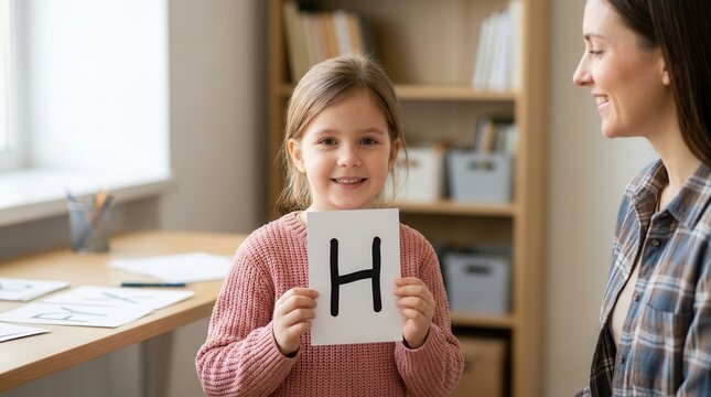 Professional speech therapist and a happy child practicing phonics and articulation in a clinic.