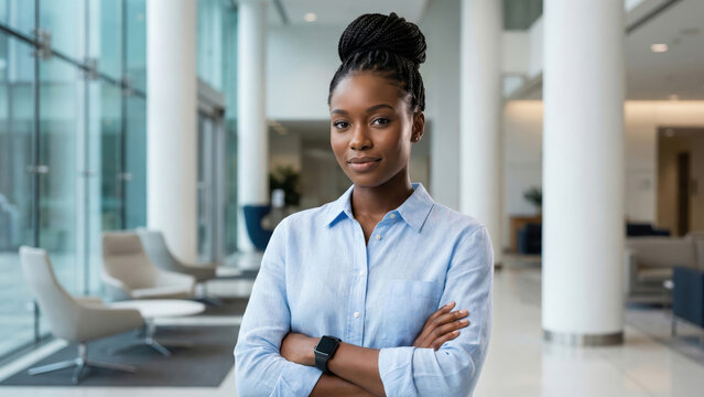 Confident Black businesswoman standing with arms crossed in a bright modern office.