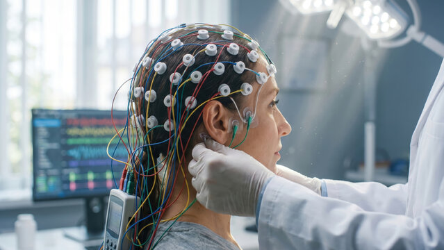 Medical professional connecting electrodes to a woman's head for an EEG brain test in a lab.
