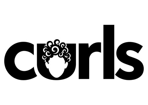 Minimalist curls typography logo featuring a creatively integrated curly hairstyle silhouette within bold modern lettering.
