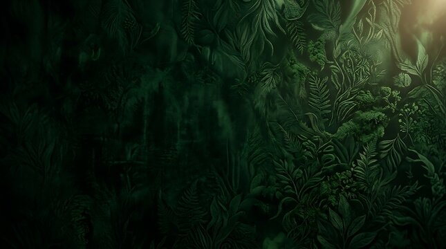 Dark emerald green forest wall with deep embossed tropical leaves and subtle light accenting rich textures.
