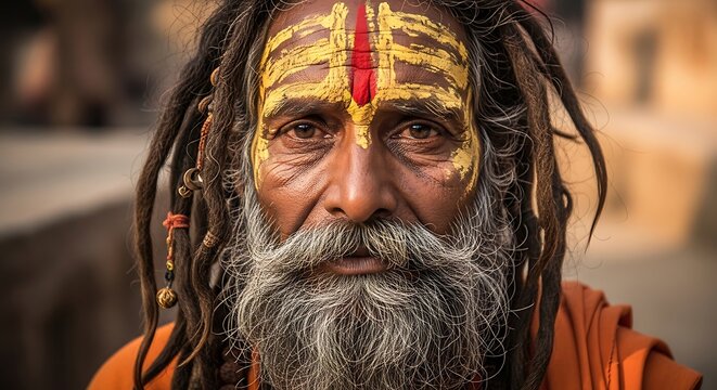 Portrait of an Indian holy man with face paint and dreadlocks in Varanasi