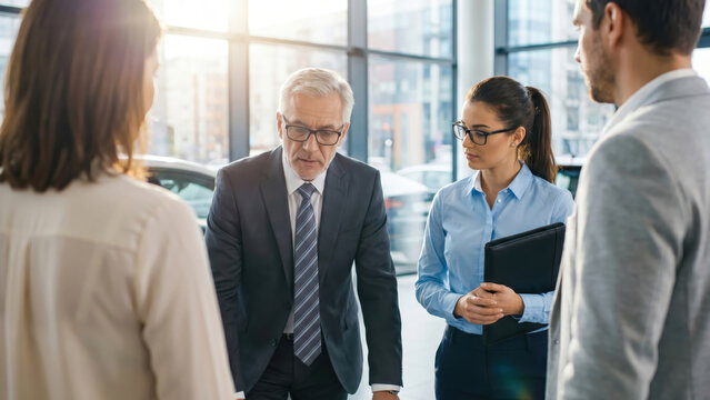 Business professionals having a serious discussion in a modern office or car showroom setting.
