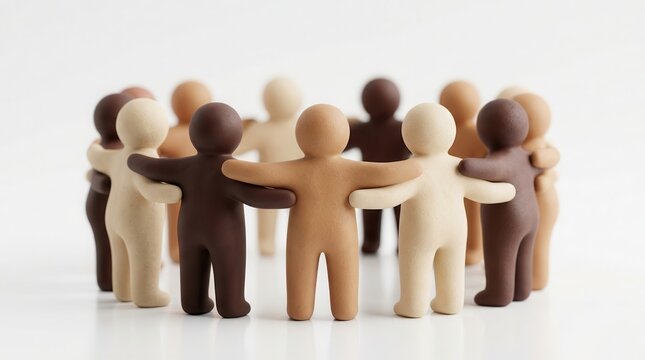 Interconnectedness and unity concept with diverse clay figurines holding hands in a group circle.
