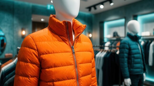 Mannequins wearing vibrant puffer jackets on racks inside a contemporary clothing store.