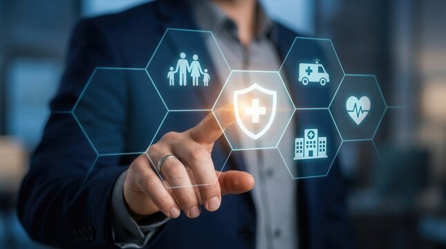 Medical service and health insurance concept featuring financial security and healthcare icons.