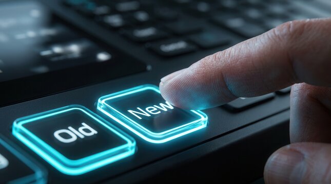 Transitioning to the future with a hand pressing a sleek New button on a modern digital interface.