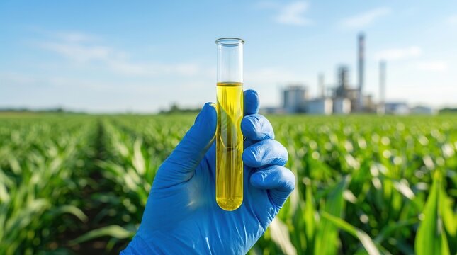 A researcher examining liquid bioethanol in a test tube with a green farm and refinery in the background.