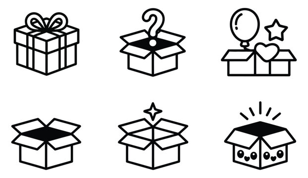 Mystery box icon set, line art style presents, question marks and surprise elements, promotional marketing vector illustration design.