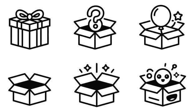 Mystery box icon set, line art style presents, question marks and surprise elements, promotional marketing vector illustration design.