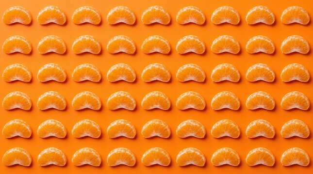 Freshly peeled tangerine fruits scattered on a bright orange background from above.