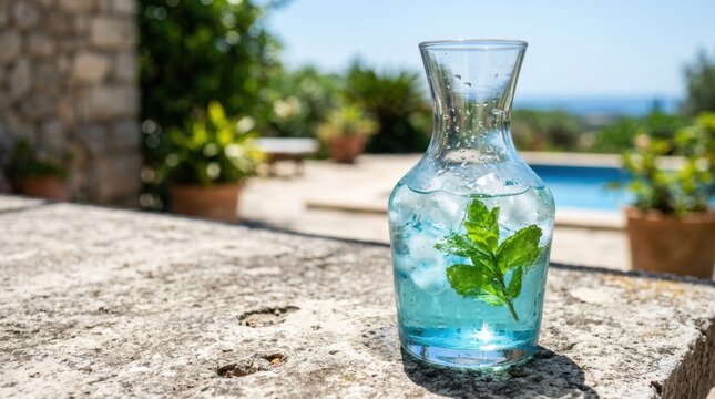 Carafe with blue tinted infused water and mint leaf by poolside on stone for summer beverage background and hospitality design