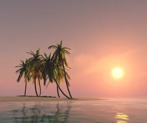 Beautiful beach with palm trees at sunset, panorama of a tropical landscape, sea sunset, 3d rendering © ustas