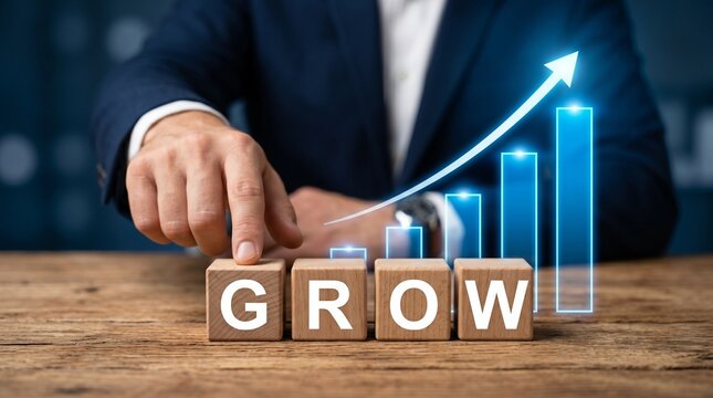 Business growth concept hand adjusting wooden blocks spelling 'grow' with chart