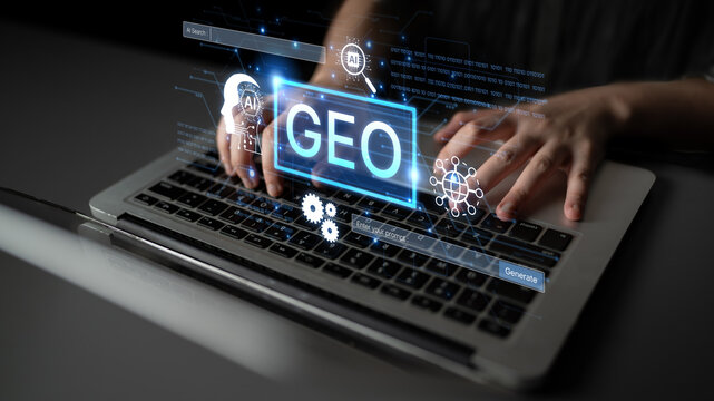 Digital marketing concept featuring GEO strategy. Generative AI search visual shows GEO interface integrating intelligence, logic, and AI input system for prompt tasks. Corpus