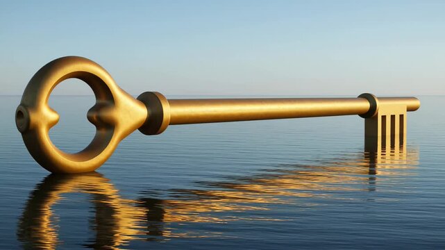 Giant golden key floating in the ocean representing the concept of solution, opportunity, success, and access to new possibilities with a surreal and tranquil atmosphere