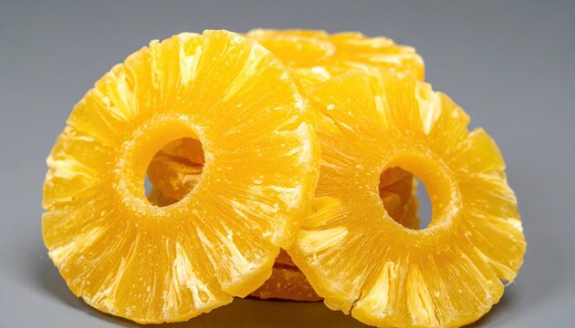 Close-up of bright yellow dried pineapple rings with a slightly chewy texture stacked neatly