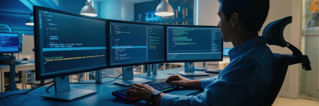 Software Developer Working on Multiple Monitors in High Tech Office Coding Environment