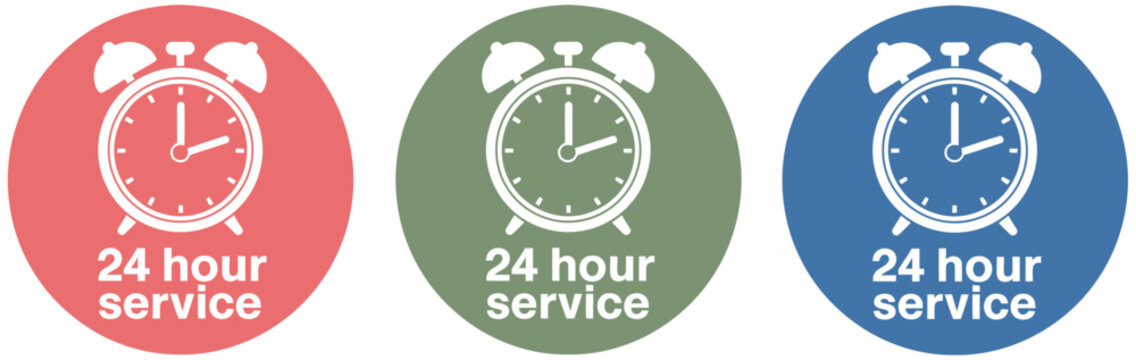 24 Hour Service Icon Set featuring alarm clock badges for customer support, emergency hotline assistance, and continuous availability systems, vector, designs