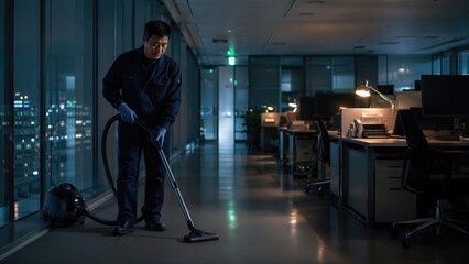 Obraz premium Asian man cleaner vacuuming office floor at night. Janitor working late shift in dark business center. Professional janitorial service and building maintenance industry concept.
