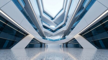 Fototapeta premium Modern office interior, futuristic architecture, sleek corridor, minimalist design