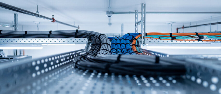Neatly bundled network and fiber optic cables run along metal cable trays in a modern data center