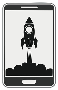 Digital rocket launch from mobile device screen startup technology concept