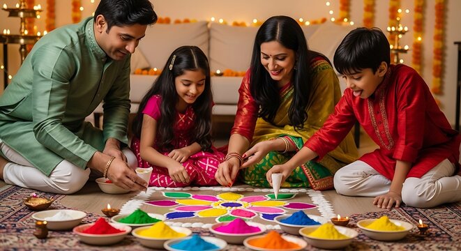Happy Indian Family Making Rangoli Art at Home for Diwali Celebration