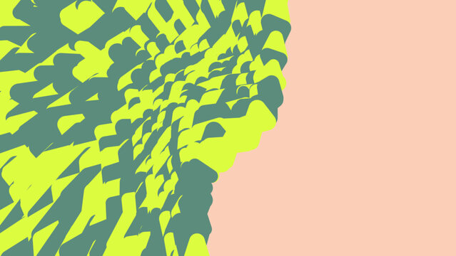 Abstract geometric pattern with layered lime green and dark teal irregular shapes on soft peach background, abstract