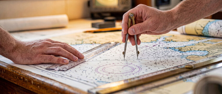 Nautical chart navigation with compass divider and ruler on wooden chart table route planning