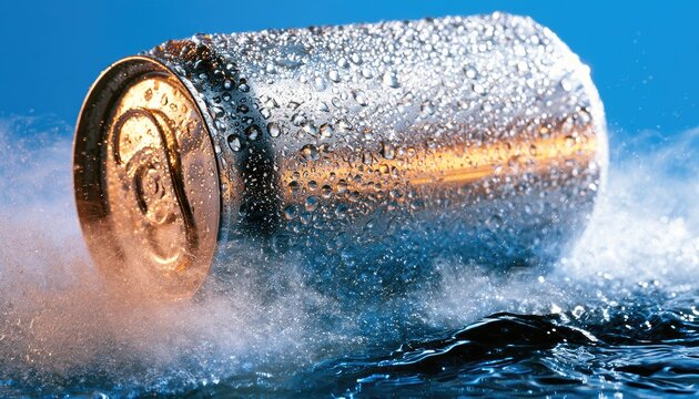 Metal beverage can covered in condensation, immersed in water and mist