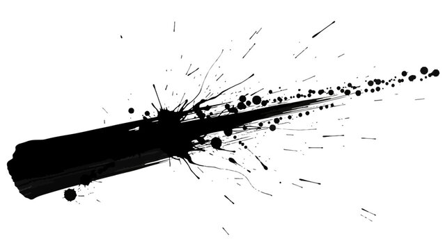 Dynamic Black Grunge Brush Stroke with Exploding Ink Splatter on Isolated White Background