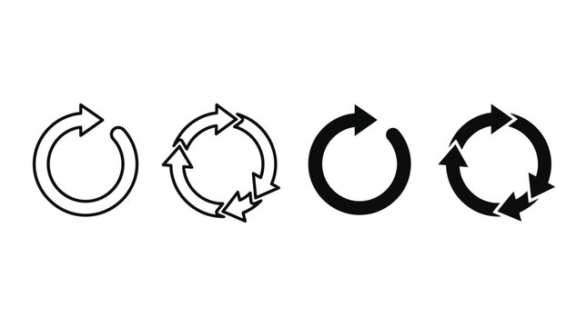 Minimalist black vector graphic design showing circular refresh arrows and cyclical rotation process loading icons