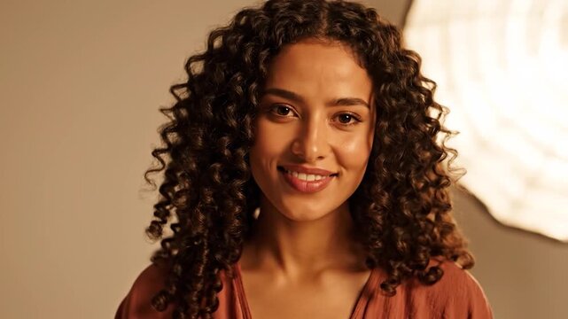 Beautiful young woman with long dark curly hair looking at camera in a warm lit studio