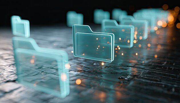 Rows of translucent folders glow with digital particles, suggesting data organization