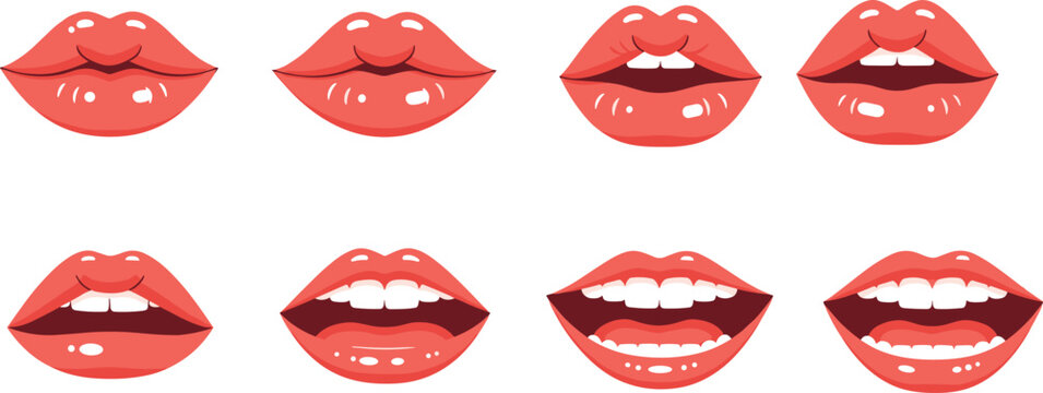 Lips expression collection, mouth shapes set, talking and smiling poses, beauty illustration for makeup or animation concept - flat vector illustration