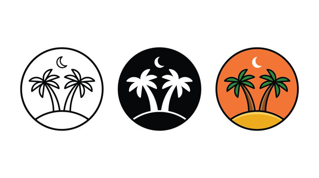 Three circular vector illustration icons featuring stylized tropical palm trees on a small sandy island