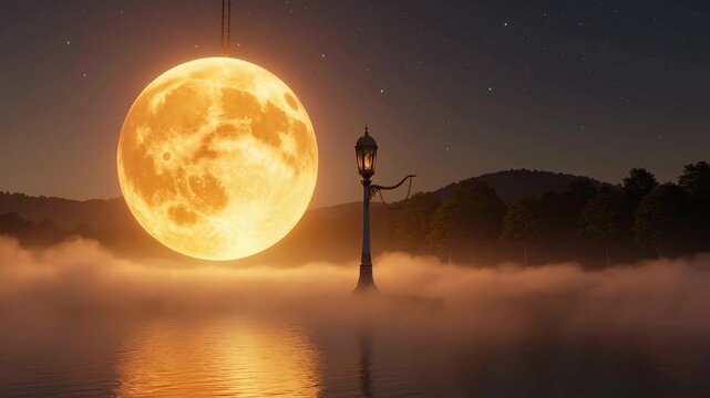 Giant orange moon rising over a misty lake at night, casting moonlight on a solitary vintage lamppost and its soft reflection for a dreamy, serene, magical scene