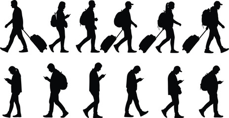 Traveler silhouettes walking, people with luggage and backpacks, mobile phone users, modern travel concept, airport journey illustration for tourism theme - flat vector illustration © TOMSINA