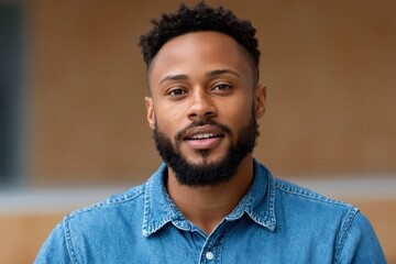 Obraz premium Young man looking attentive in casual denim shirt indoors setting