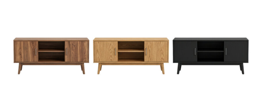 Wooden TV stand console in three different finishes, isolated on transparent background