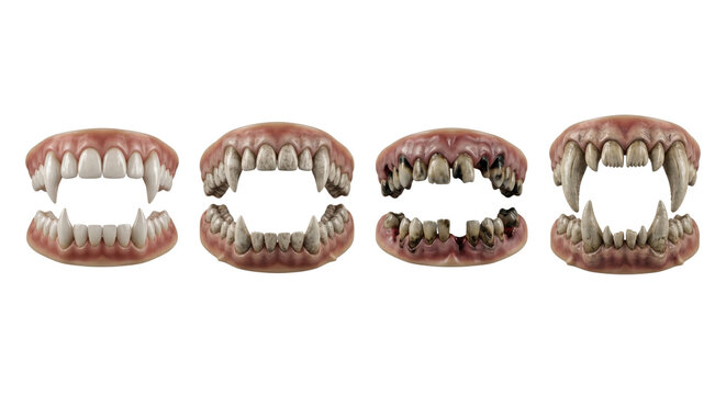 Vampire and monster fangs with different tooth decay levels, isolated on transparent background
