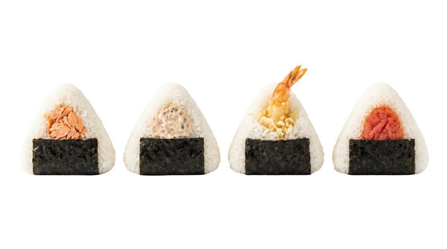 Assorted Japanese onigiri rice balls with different fillings, isolated on transparent background
