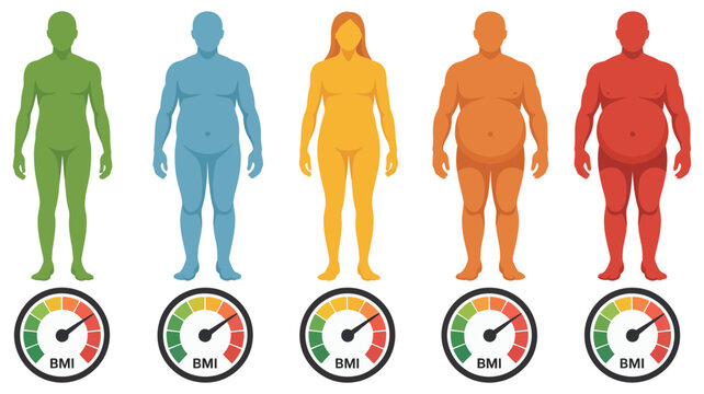 BMI infographic human body mass index scale, colored silhouette chart, health measurement indicator, modern vector illustration design...