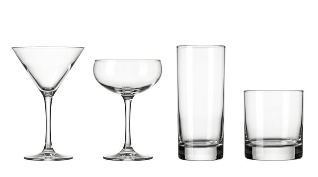 Set of empty cocktail and drinking glassware, isolated on transparent background