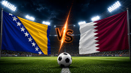 Naklejka premium A conceptual image featuring the flags of Bosnia and Herzegovina and Qatar facing each other on a soccer pitch, with a ball and a glowing VS sign.