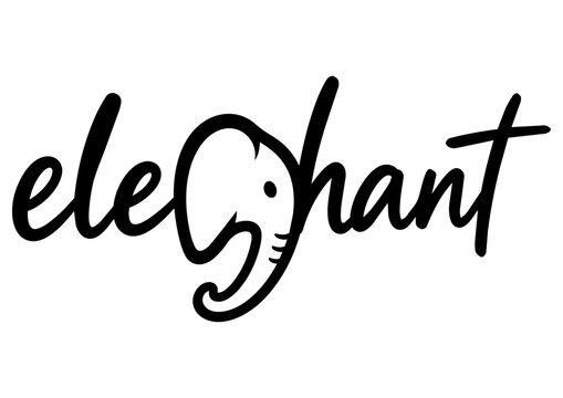 Minimalist elephant typography logo featuring a creatively integrated elephant head within elegant handwritten lettering.